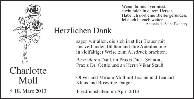  Traueranzeige für Charlotte Moll vom 06.04.2013 aus Schwäbische Zeitung