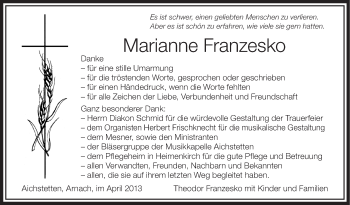 Anzeige von Marianne Franzesko von Schwäbische Zeitung