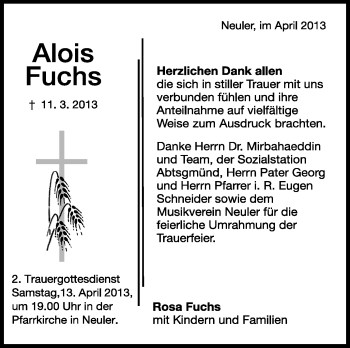 Anzeige von Alois Fuchs von Schwäbische Zeitung