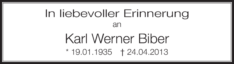  Traueranzeige für Karl Werner Biber vom 24.04.2013 aus Schwäbische Zeitung