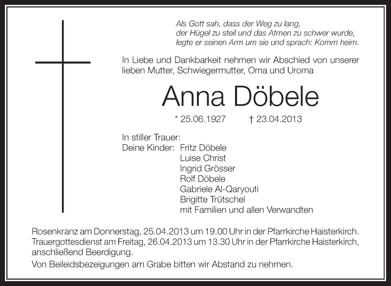  Traueranzeige für Anna Döbele vom 24.04.2013 aus Schwäbische Zeitung