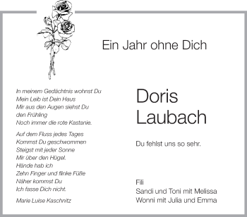 Anzeige von Doris Laubach von Schwäbische Zeitung