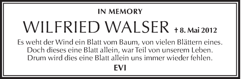  Traueranzeige für Wilfried Walser vom 08.05.2013 aus Schwäbische Zeitung