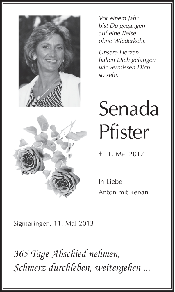  Traueranzeige für Senada Pfister vom 11.05.2013 aus Schwäbische Zeitung