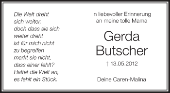 Anzeige von Gerda Butscher von Schwäbische Zeitung