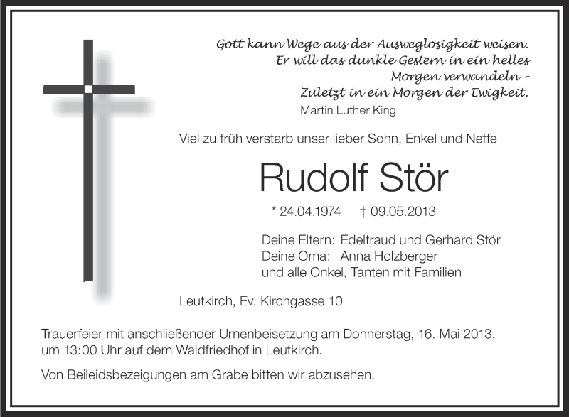  Traueranzeige für Rudolf Stör vom 15.05.2013 aus Schwäbische Zeitung