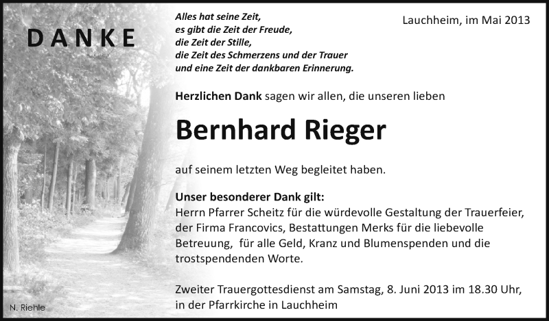  Traueranzeige für Bernhard Rieger vom 01.06.2013 aus Schwäbische Zeitung