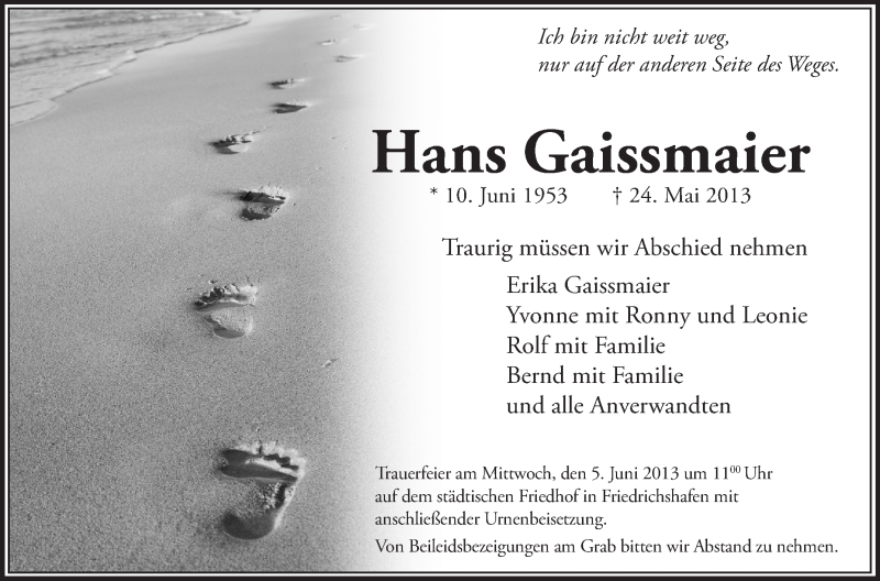  Traueranzeige für Hans Gaissmaier vom 01.06.2013 aus Schwäbische Zeitung