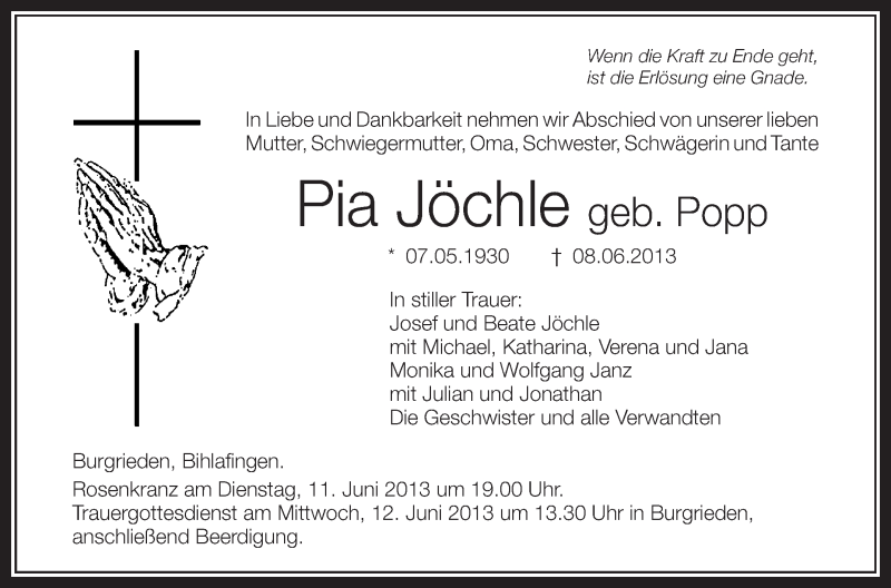  Traueranzeige für Pia Jöchle vom 10.06.2013 aus Schwäbische Zeitung