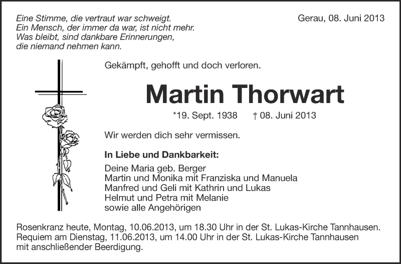  Traueranzeige für Martin Thorwart vom 10.06.2013 aus Schwäbische Zeitung