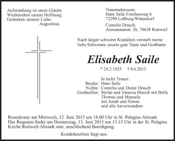 Anzeige von Elisabeth Saile von Schwäbische Zeitung