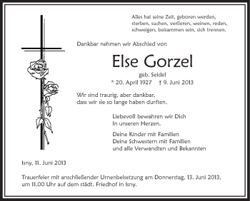 Anzeige von Else Gorzel von Schwäbische Zeitung