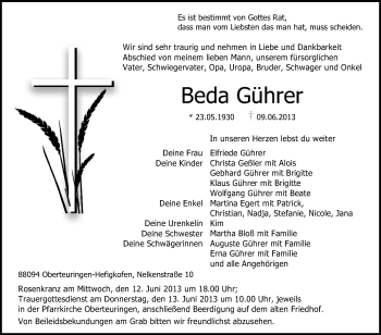 Anzeige von Beda Gührer von Schwäbische Zeitung