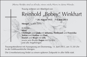Anzeige von Reinhold Winkhart von Schwäbische Zeitung