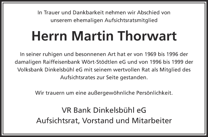  Traueranzeige für Martin Thorwart vom 11.06.2013 aus Schwäbische Zeitung