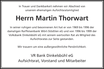 Anzeige von Martin Thorwart von Schwäbische Zeitung