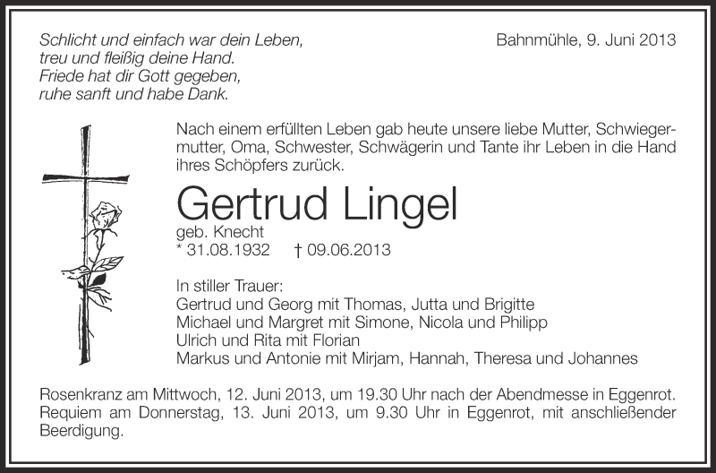  Traueranzeige für Gertrud Lingel vom 11.06.2013 aus Schwäbische Zeitung