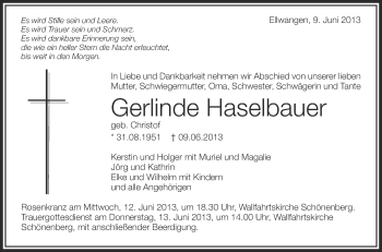 Anzeige von Gerlinde Haselbauer von Schwäbische Zeitung
