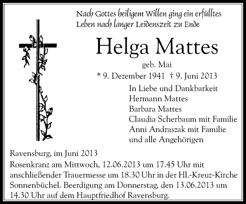  Traueranzeige für Helga Mattes vom 11.06.2013 aus Schwäbische Zeitung