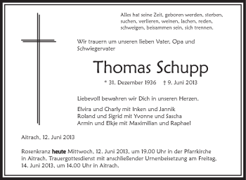 Anzeige von Thomas Schupp von Schwäbische Zeitung