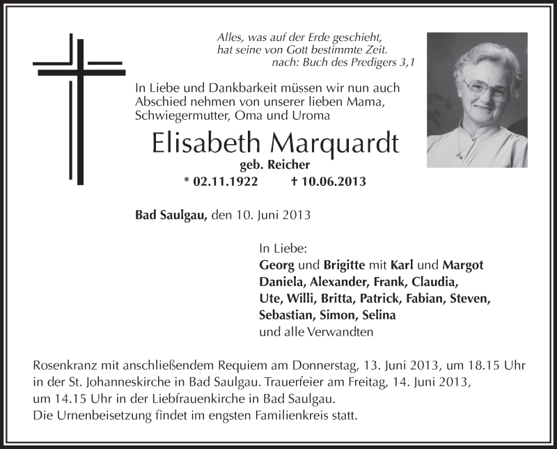  Traueranzeige für Elisabeth Marquardt vom 12.06.2013 aus Schwäbische Zeitung