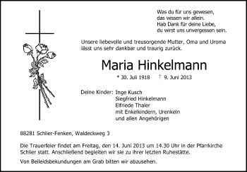 Anzeige von Maria Hinkelmann von Schwäbische Zeitung