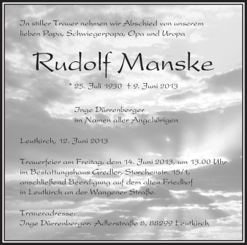 Anzeige von Rudolf Manske von Schwäbische Zeitung