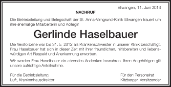 Anzeige von Gerlinde Haselbauer von Schwäbische Zeitung