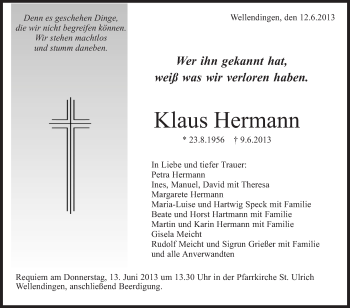 Anzeige von Klaus Hermann von Schwäbische Zeitung