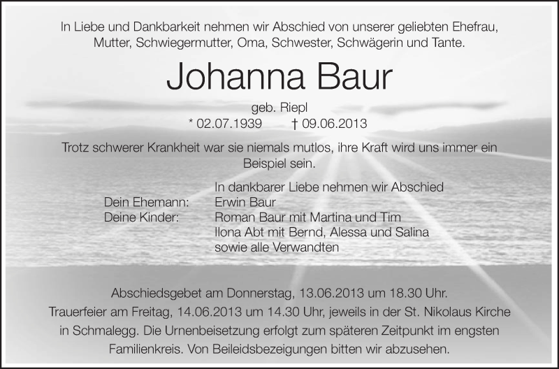  Traueranzeige für Johanna Baur vom 12.06.2013 aus Schwäbische Zeitung