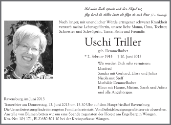 Anzeige von Uschi Triller von Schwäbische Zeitung