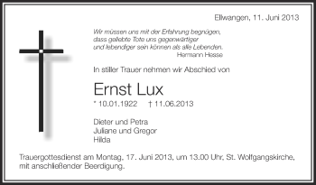 Anzeige von Ernst Lux von Schwäbische Zeitung
