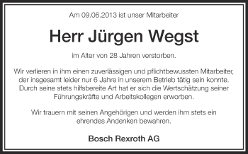 Anzeige von Jürgen Wegst von Schwäbische Zeitung