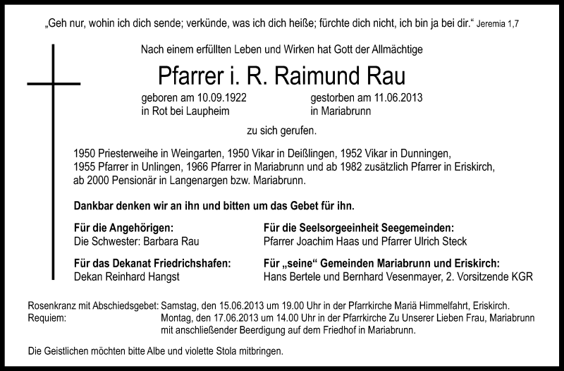  Traueranzeige für Raimund Rau vom 14.06.2013 aus Schwäbische Zeitung