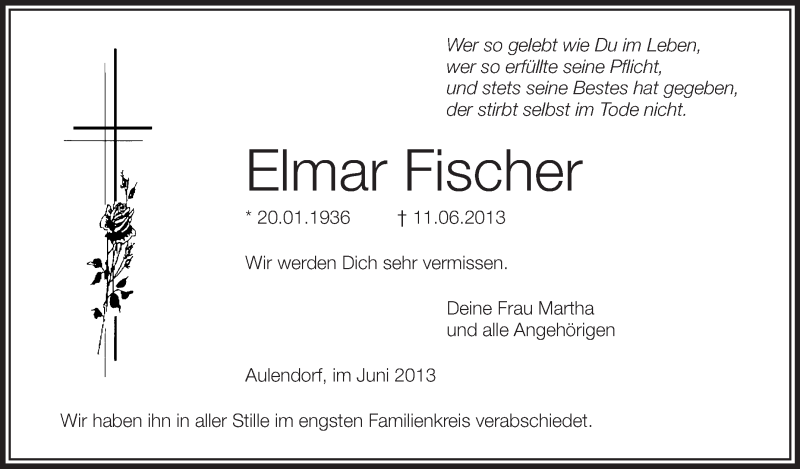  Traueranzeige für Elmar Fischer vom 29.06.2013 aus Schwäbische Zeitung