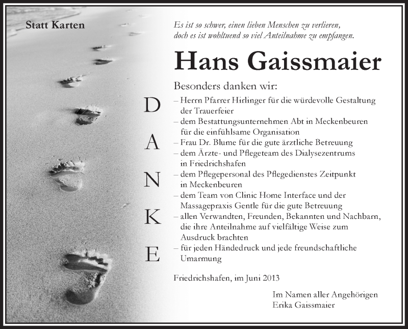  Traueranzeige für Hans Gaissmaier vom 22.06.2013 aus Schwäbische Zeitung
