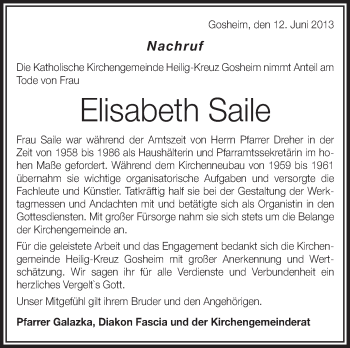 Anzeige von Elisabeth Saile von Schwäbische Zeitung