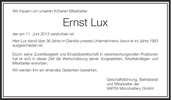 Anzeige von Ernst Lux von Schwäbische Zeitung