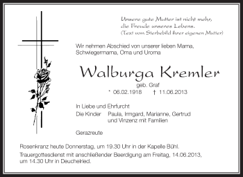 Anzeige von Walburga Kremler von Schwäbische Zeitung