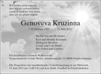Anzeige von Genoveva Kruzinna von Schwäbische Zeitung
