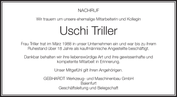 Anzeige von Uschi Triller von Schwäbische Zeitung