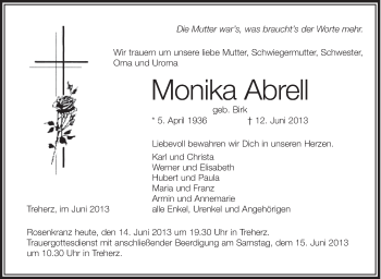 Anzeige von Monika Abrell von Schwäbische Zeitung