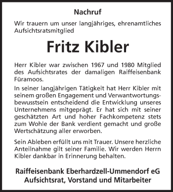Anzeige von Fritz Kibler von Schwäbische Zeitung
