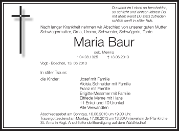 Anzeige von Maria Baur von Schwäbische Zeitung