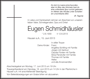Anzeige von Eugen Schmidhäusler von Schwäbische Zeitung