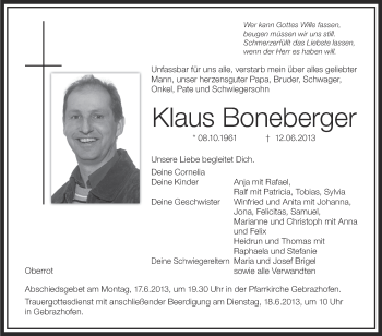 Anzeige von Klaus Boneberger von Schwäbische Zeitung