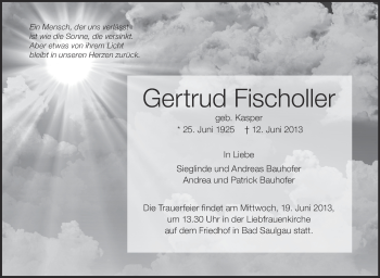 Anzeige von Gertrud Fischoller von Schwäbische Zeitung