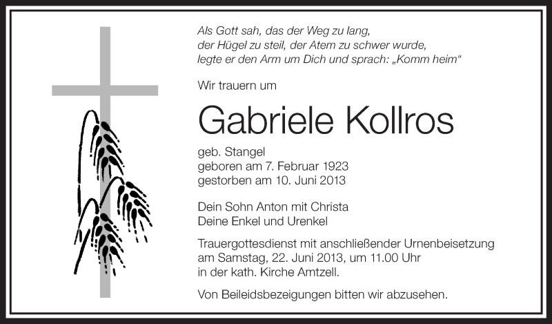  Traueranzeige für Gabriele Kollros vom 20.06.2013 aus Schwäbische Zeitung