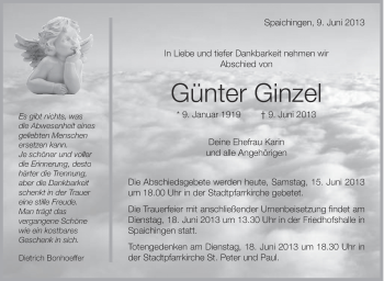 Anzeige von Günter Ginzel von Schwäbische Zeitung