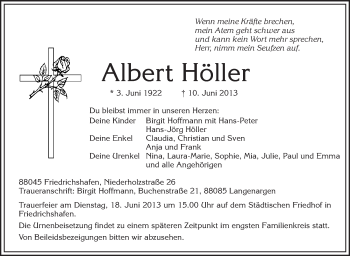 Anzeige von Albert Höller von Schwäbische Zeitung